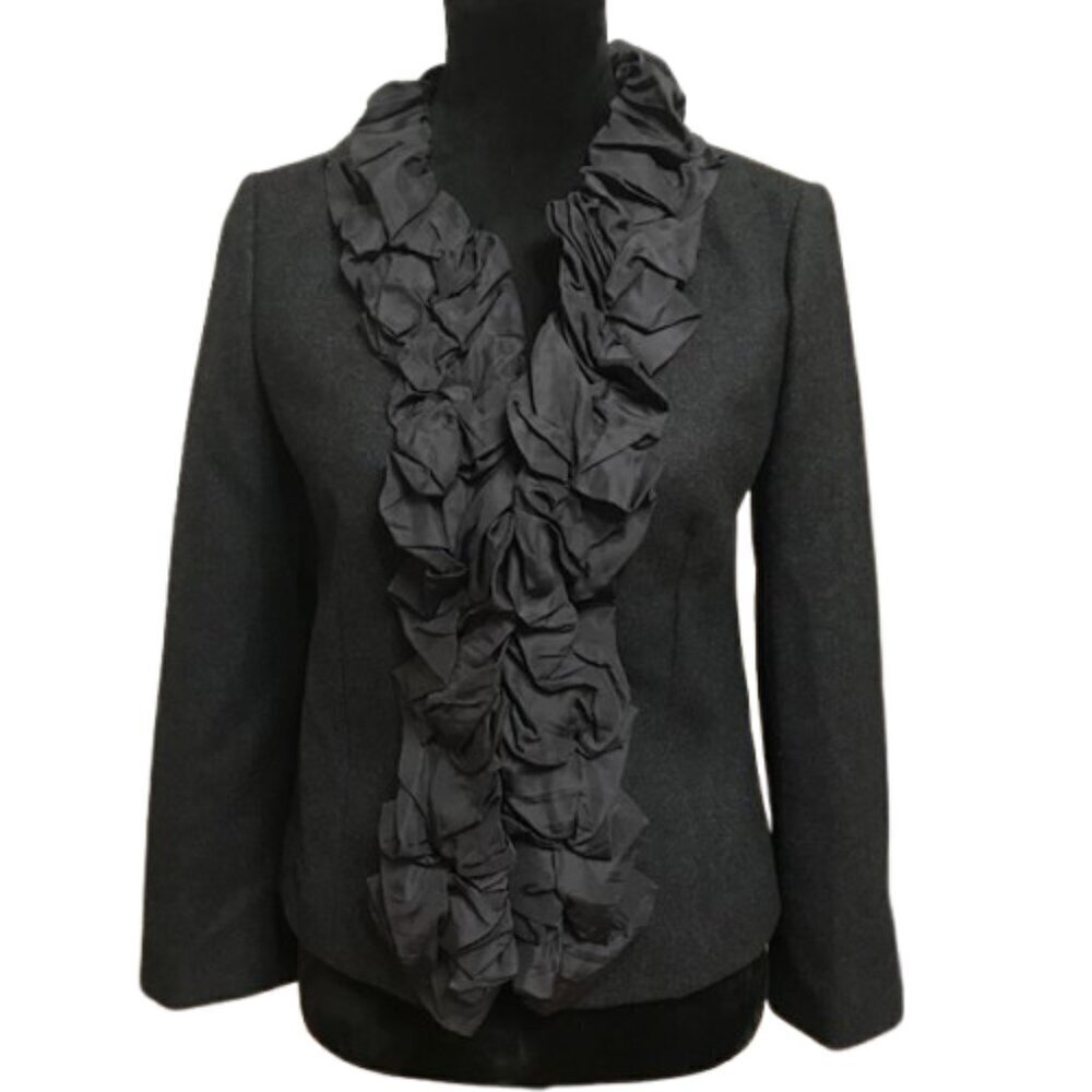 J.Crew Black Wool Silk Chimera Blazer Size 2 Ruffle Front Tailored Career Work - Picture 2 of 11
